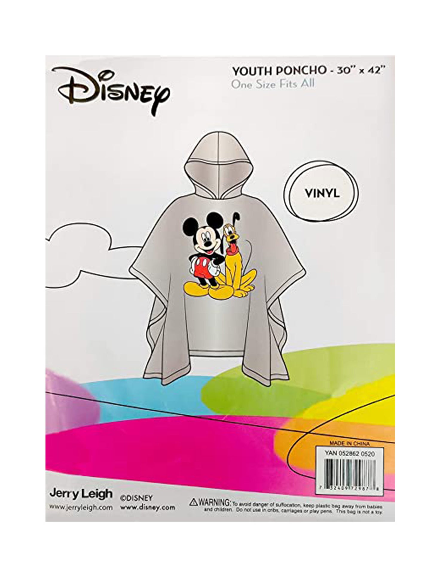 Disney Mickey Mouse Rain Poncho Water Resistant Hooded Clear Vinyl Pluto Kids