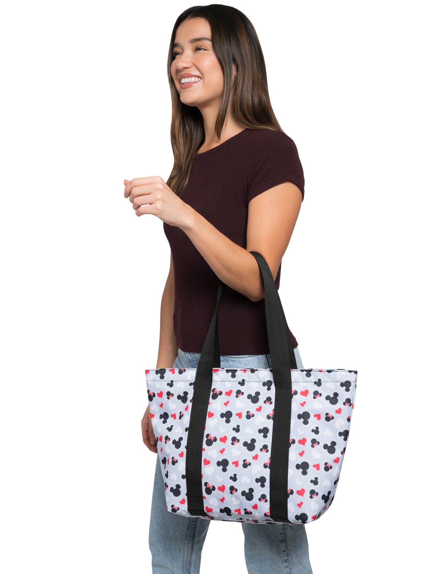 Women's Disney Mickey & Minnie Mouse Heart Icons Zip Tote Bag Gray Red White