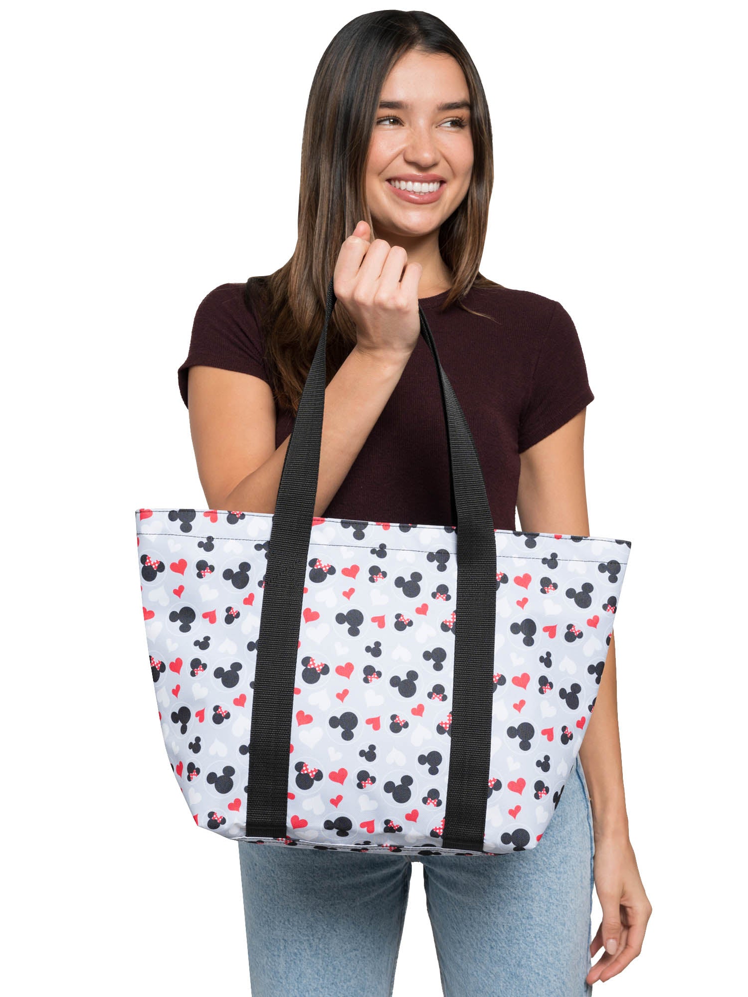 Women's Disney Mickey & Minnie Mouse Heart Icons Zip Tote Bag Gray Red White